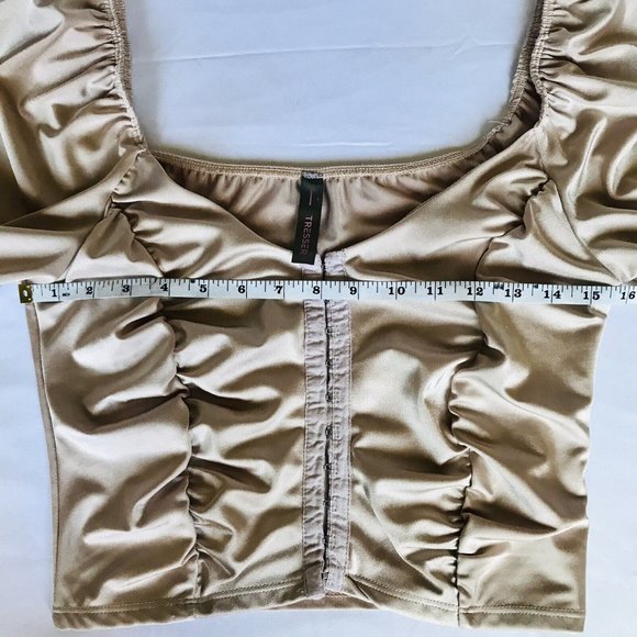 Tresser Satin Off Shoulder Crop Top‎ Size L Corset Cottage Puff Sleeves Ivory - Picture 4 of 5